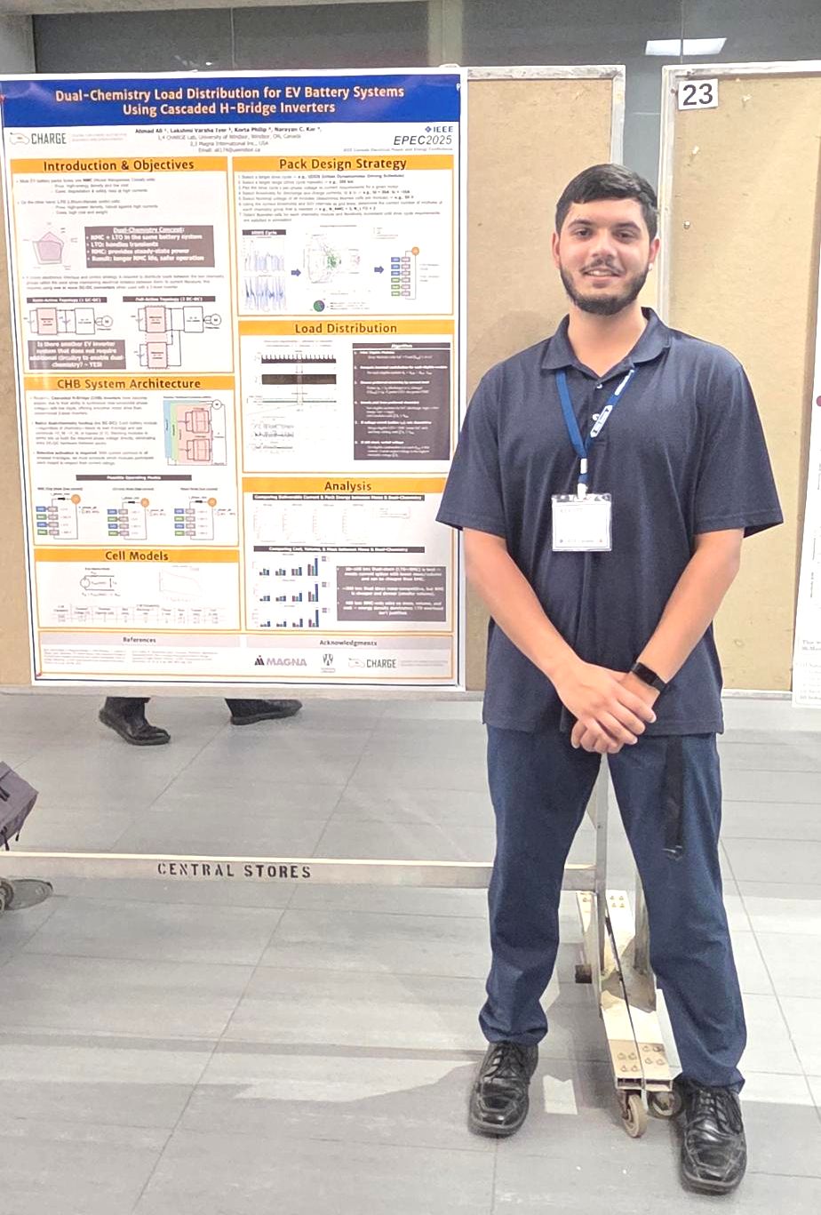 Ahmad presenting his EV battery systems research poster at IEEE EPEC 2025